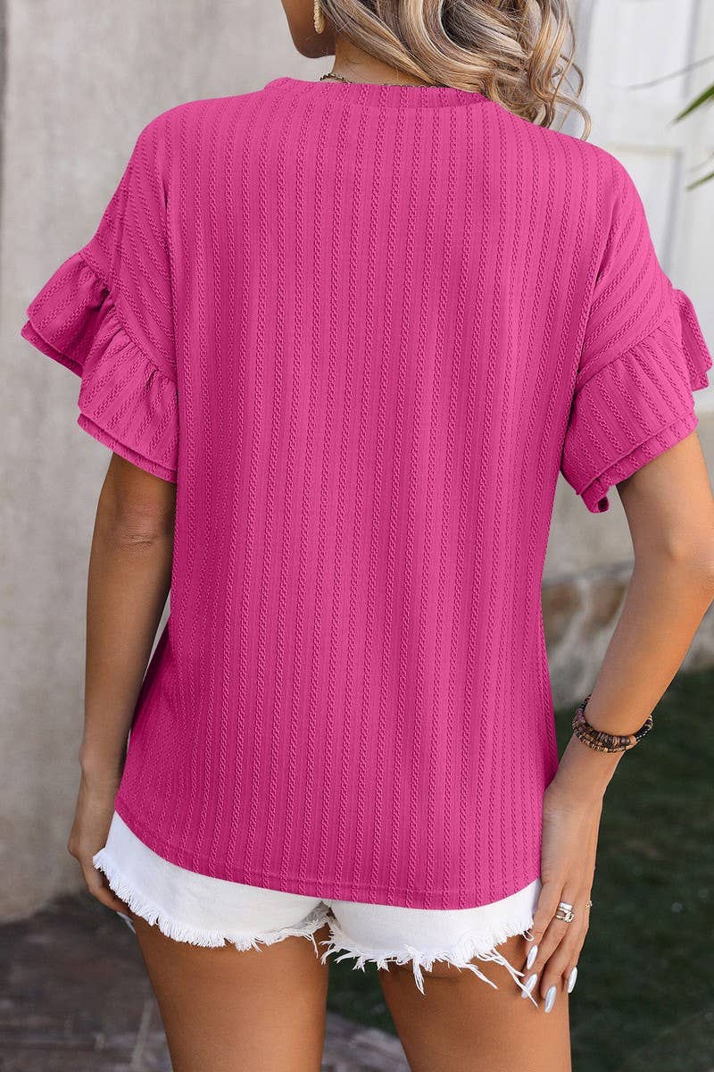 CWTBLS0906_ROUND NECK SHORT SLEEVE SHIRT WITH LOTUS SLEEVES