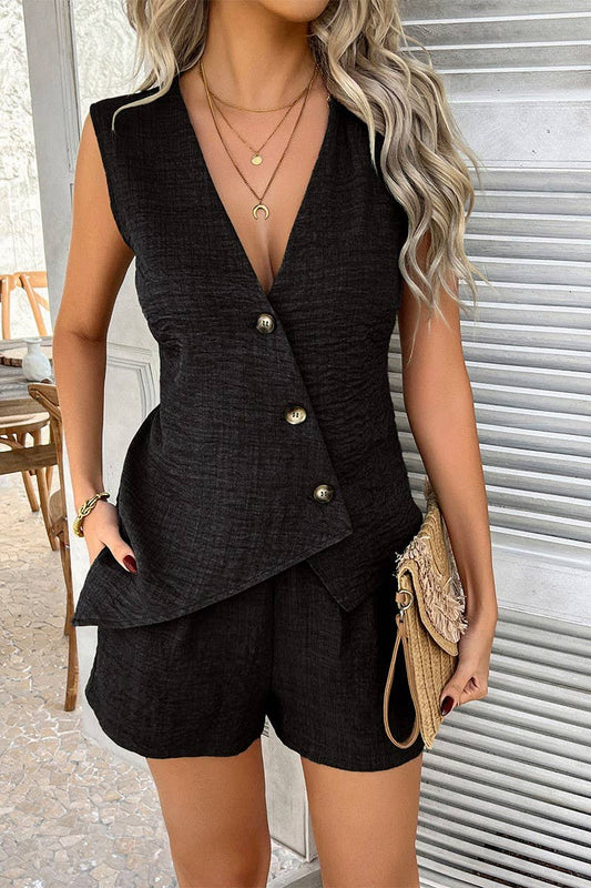 CWSS1191_HOLIDAY STYLE BUTTON CARDIGAN SHORTS SET