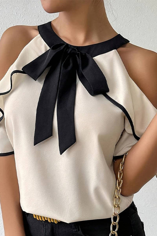 CWTBLS2010_DOUBLE SLEEVE BOW TIE NECK PULLOVER BLOUSE