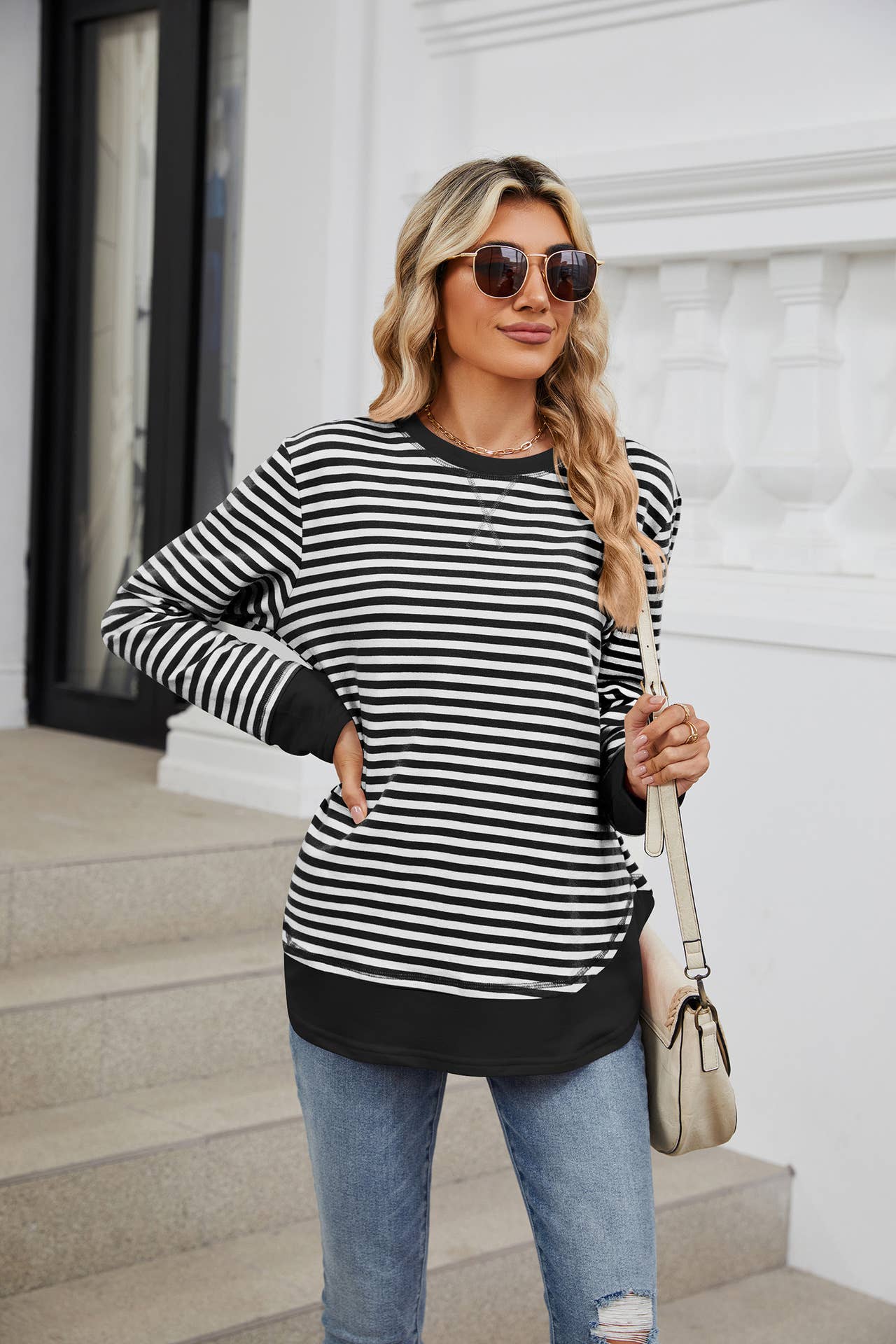 Crew-neck striped long-sleeved hoodie
