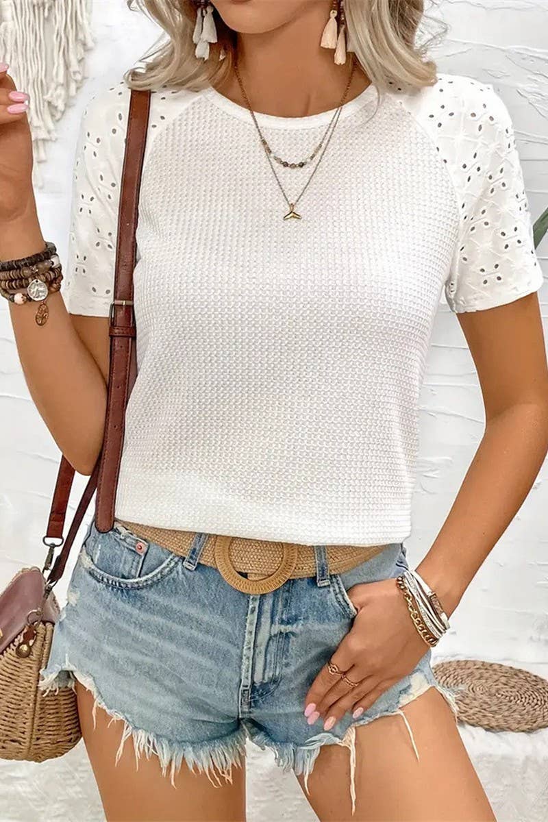 CWTTS1399_JACQUARD HOLLOW KNIT SHORT-SLEEVED LOOSE T-SHIRT