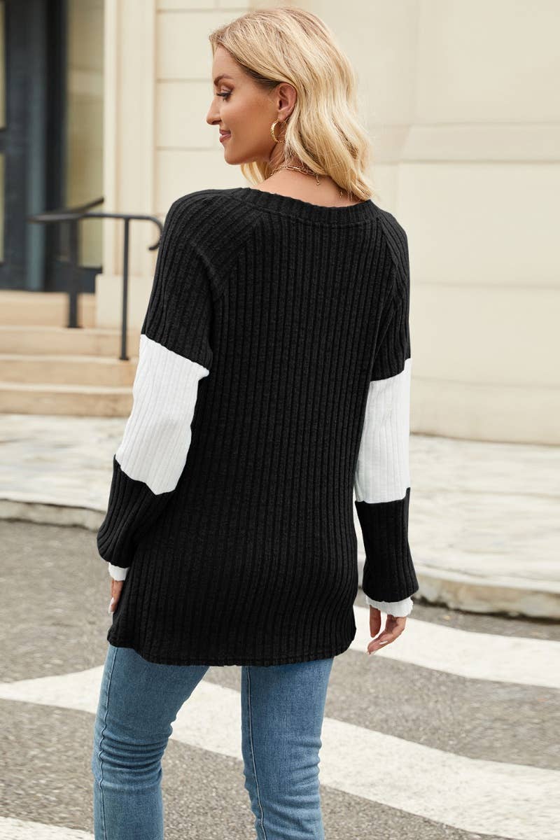 CWOSWL4448_DEEP V LONG SLEEVE COLOR BUTTON-UP SWEATER