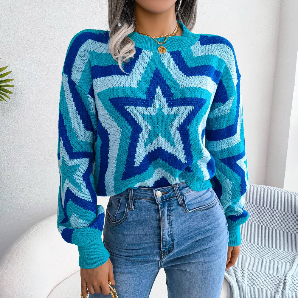 CONTRASTING STAR LONG-SLEEVED PULLOVER SWEATER