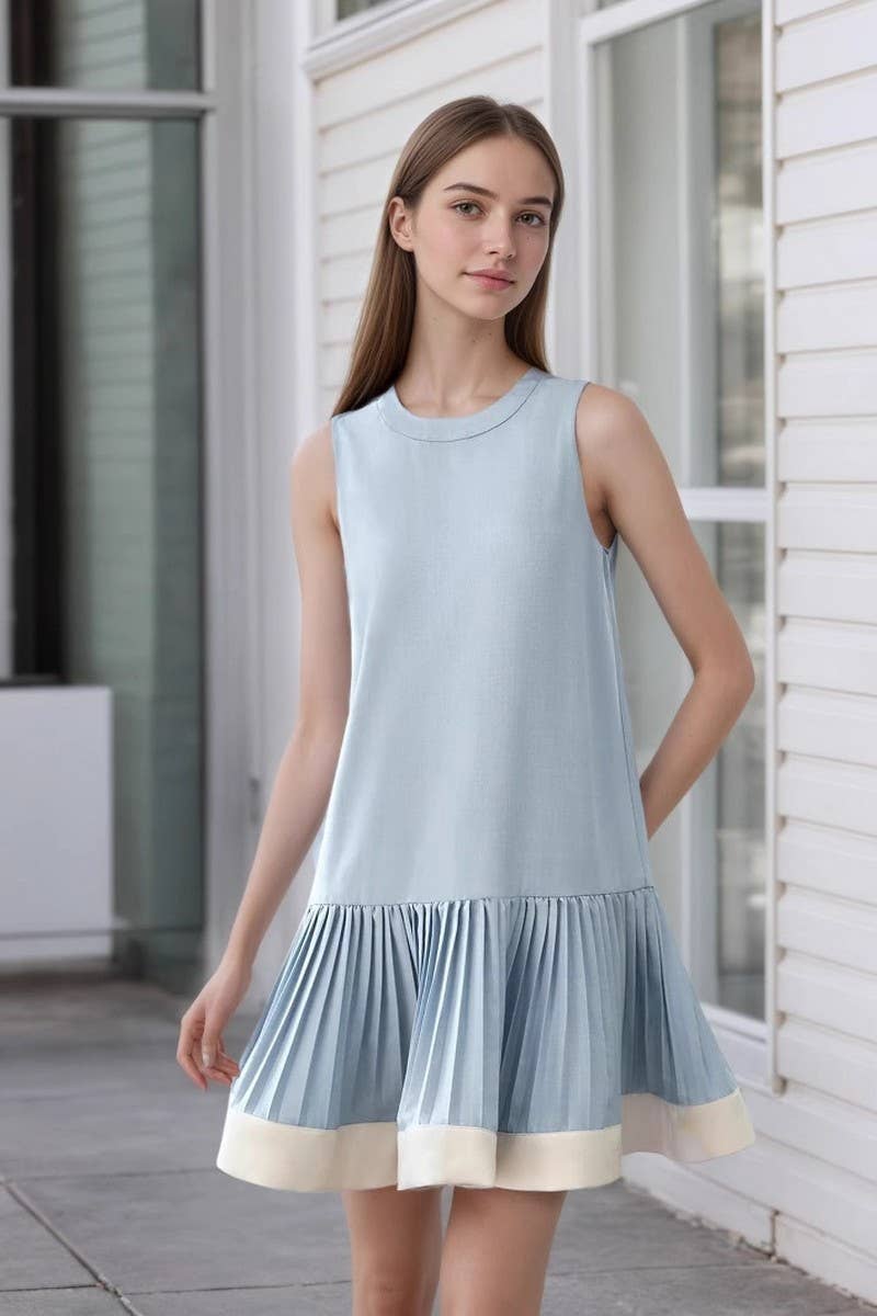 CWDSD8817_CREW NECK PLEATED TWO-TONE SLEEVELESS DRESS