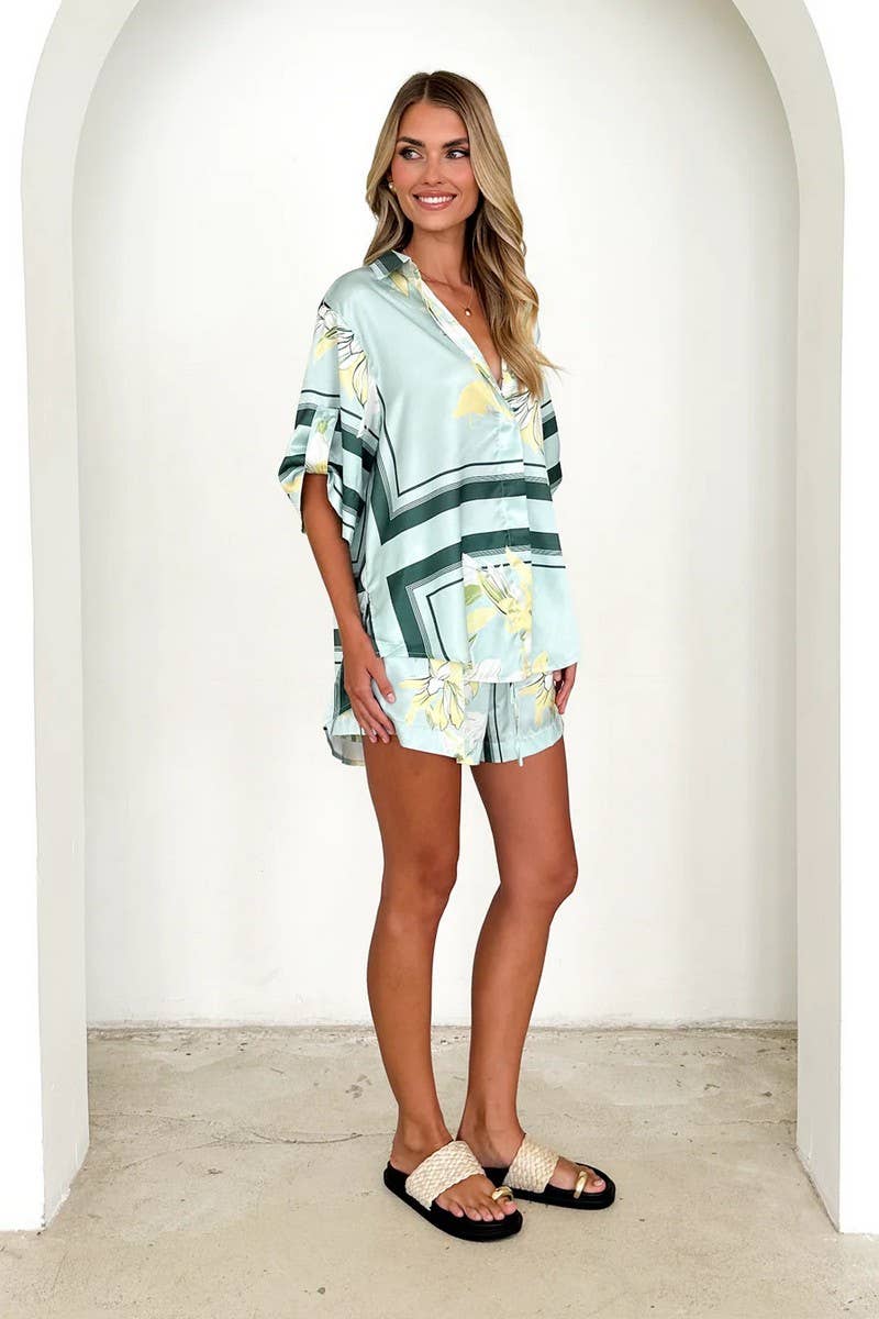 CWSS1206_SUMMER FASHION CASUAL PRINTED SHIRT SHORTS SET