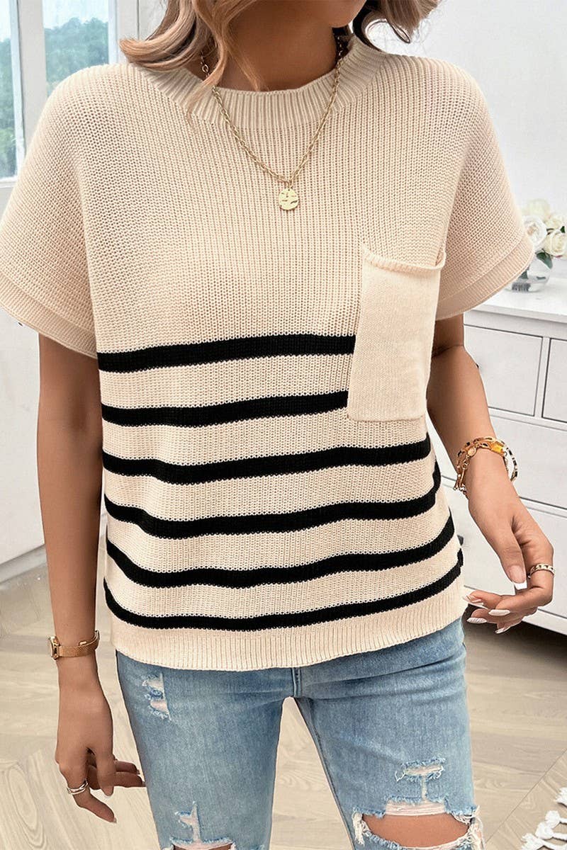 CWOSWS0077_CREW NECK STRIPED CONTRAST SHORT SLEEVE SWEATER
