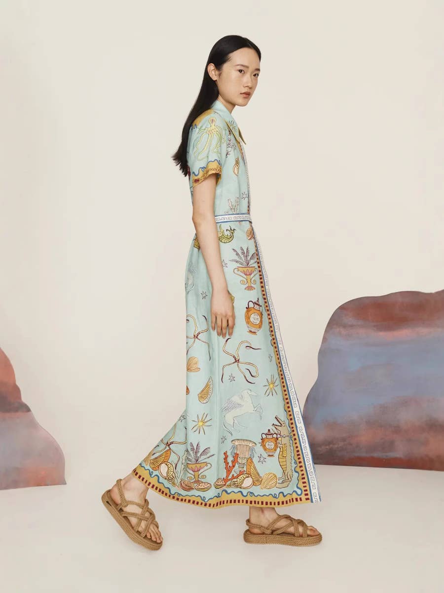 Casual linen dress with graffiti lantern sleeves