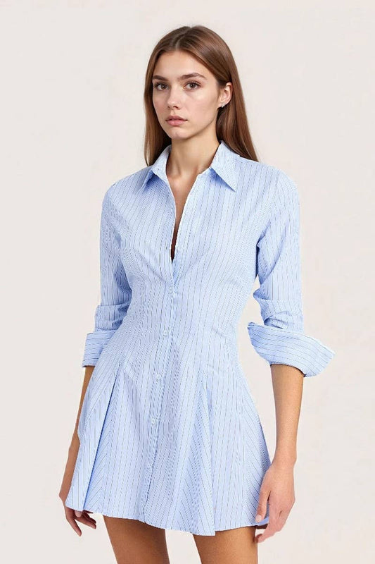 CWTDSL0128_3/4 SLEEVES STRIPED LAPEL PLEATED SHIRT DRESS