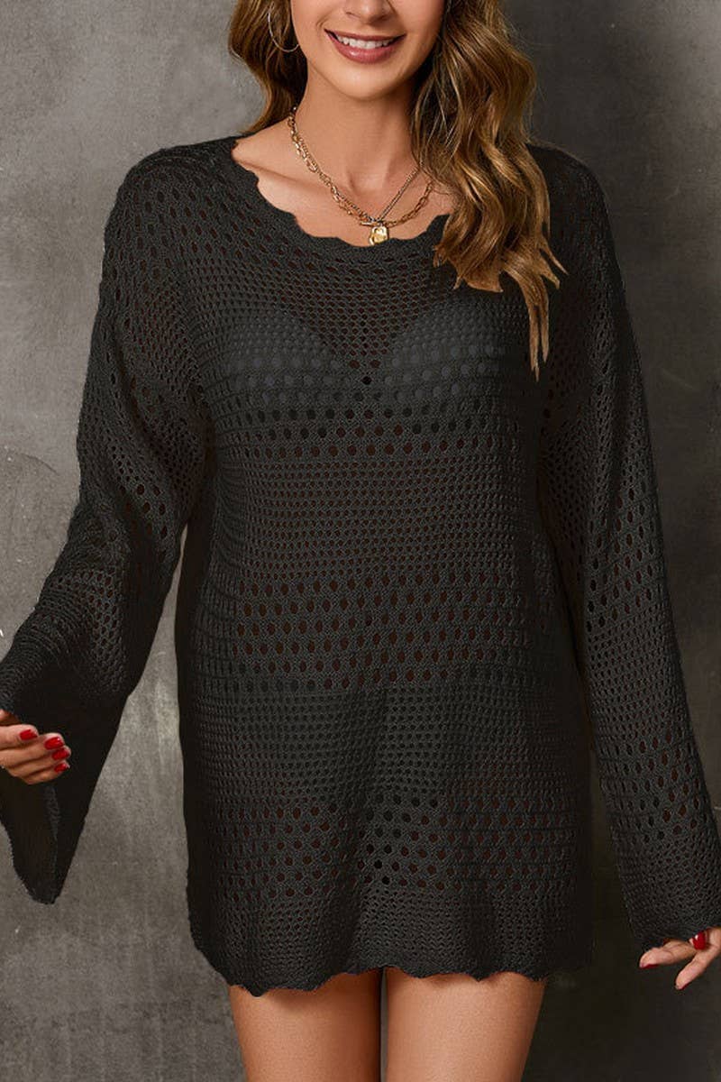 CWTBLL0946_HOLLOW KNIT SMOCK FLARED SLEEVE BEACH DRESS