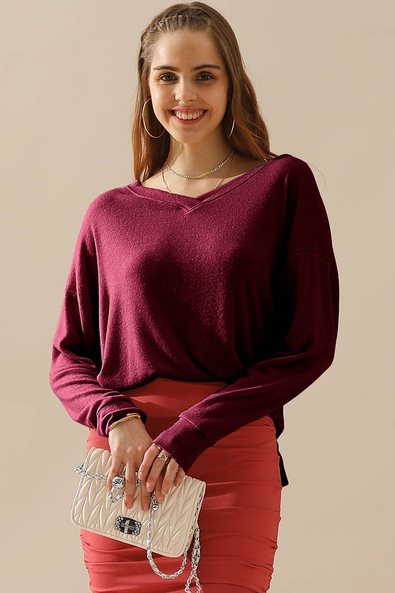 CWTTL1408_Long Sleeve Loose V-Neck Pullover Top
