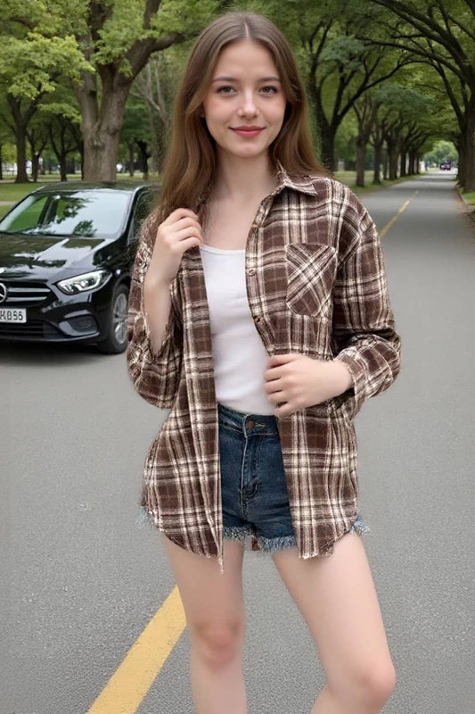 CWTBLL4112_SPRING AND SUMMER LONG SLEEVE PLAID SHIRT CARDIGA