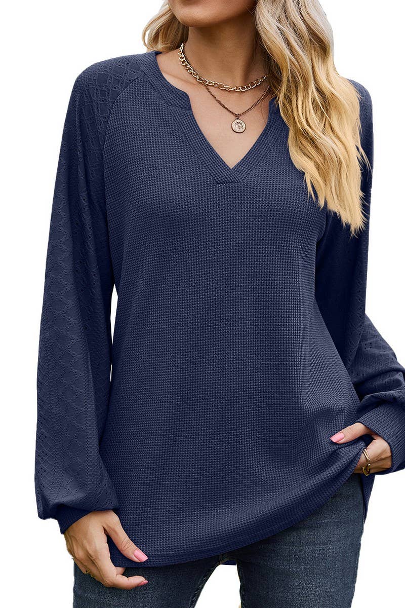 CWTBLL01313_V NECK WAFFLE KNIT SOLID LONG SLEEVE LOOSE TEE