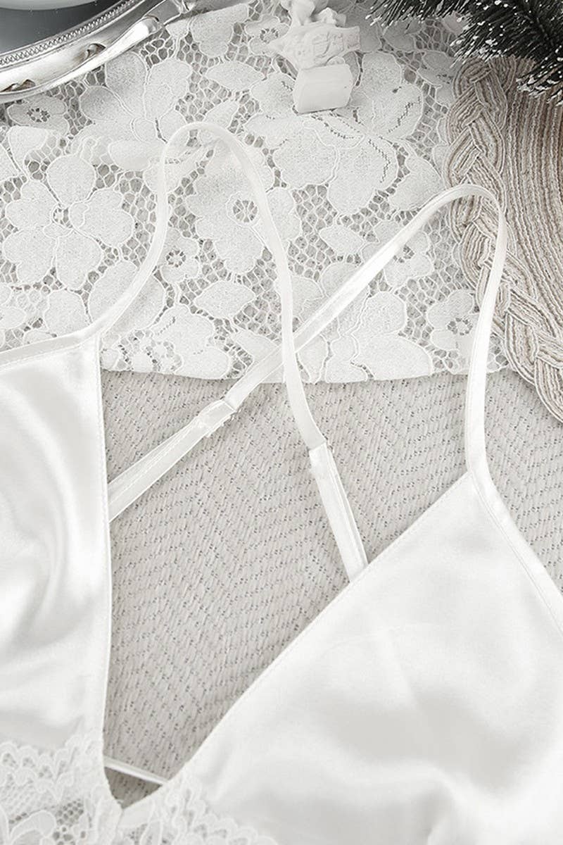 CWSPJ00529_LACE TRIM SATIN PAJAMA SET WOMEN ROBE NIGHTDRESS