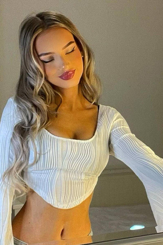 CWTBLL3443_U-NECK STRIPED FLARED LONG-SLEEVED CROPPED TOP