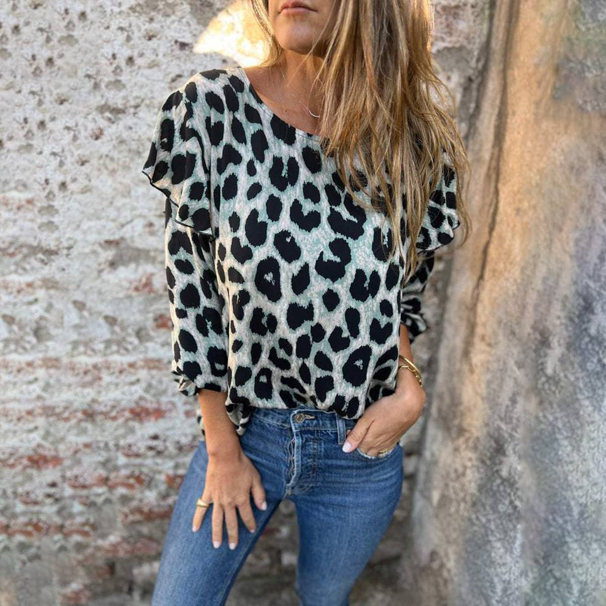 CHIFFON LEOPARD PRINT LONG-SLEEVED LOOSE T-SHIRT