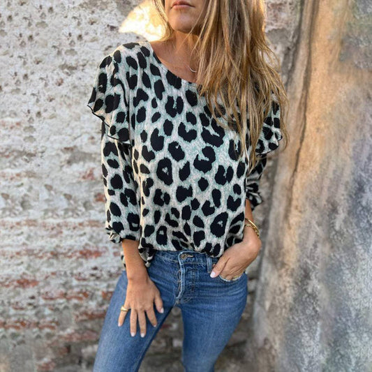 CHIFFON LEOPARD PRINT LONG-SLEEVED LOOSE T-SHIRT