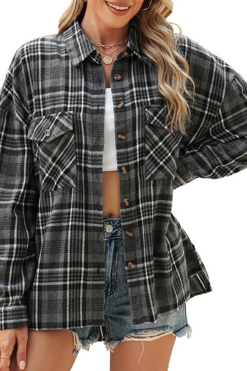 CWTSTL1304_LAPEL POCKET LOOSE LONG SLEEVE PLAID SHIRT