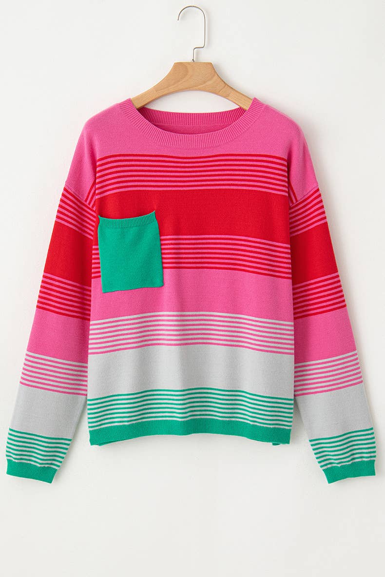 COLOR CONTRAST PATCHWORK CREW NECK SWEATER LADY