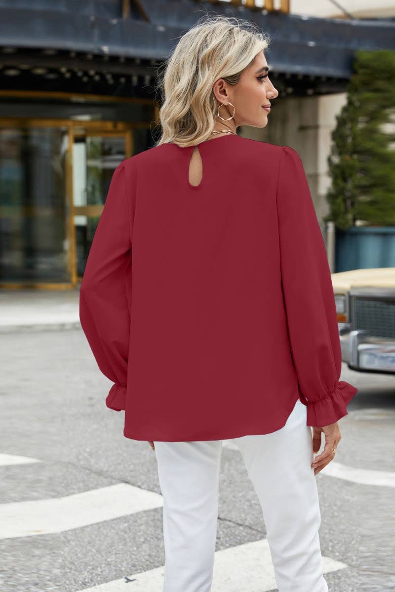 CWTBLL2871_CREW-NECK CHIFFON BAGGY LONG-SLEEVED BASE TOP