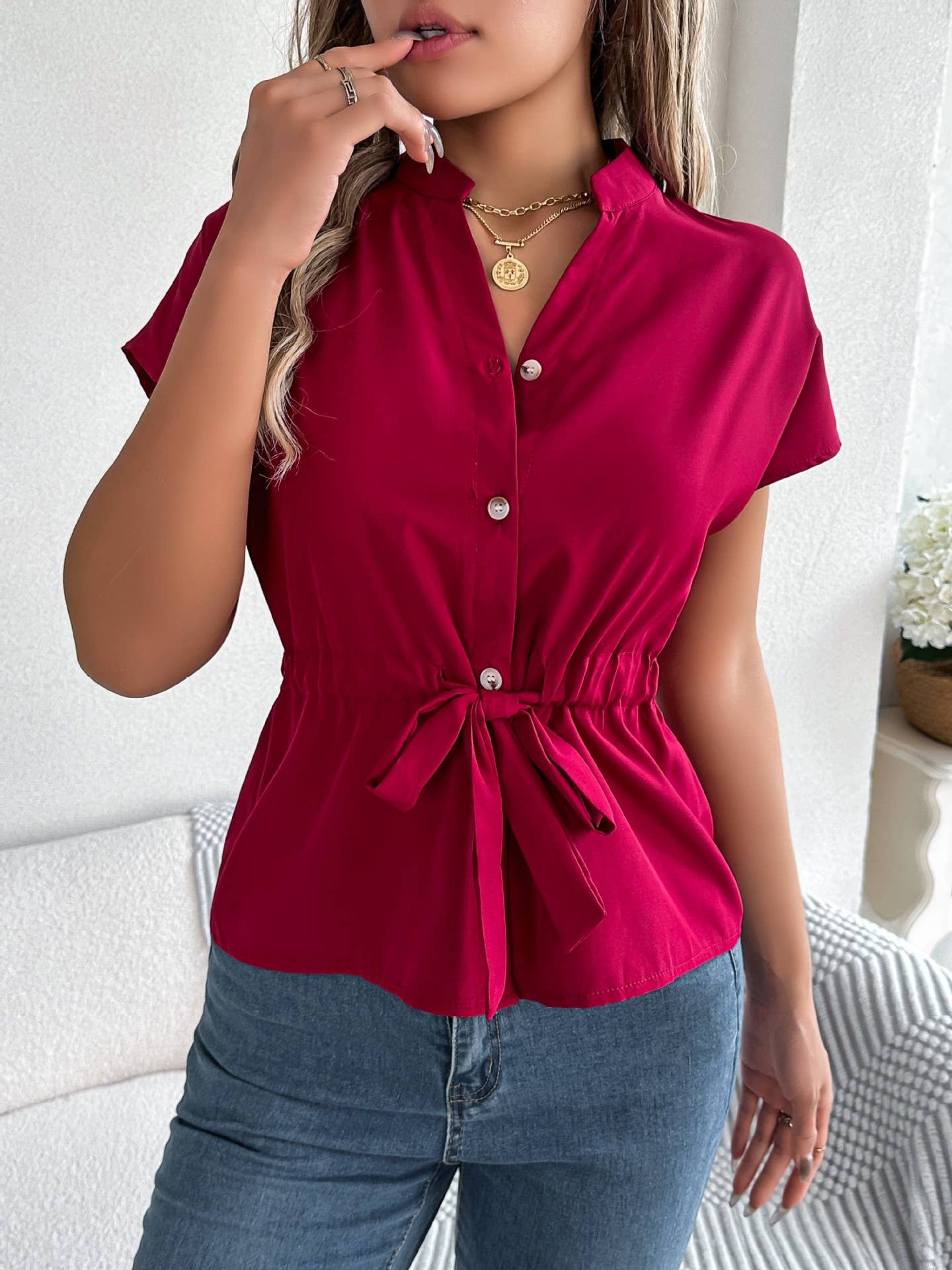 Casual solid color button-down drawstring shirt