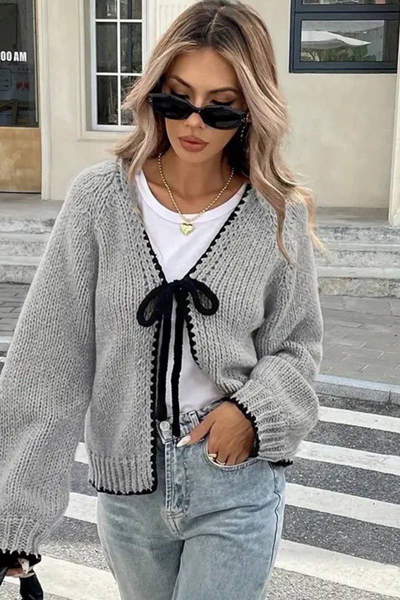CWOCAL00698_LOOSE KNIT LONG SLEEVE BOW TIE CARDIGAN TOP