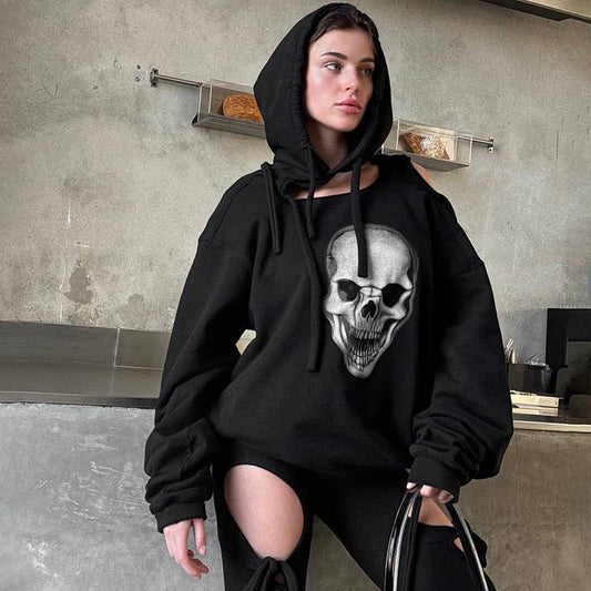 CONTRAST COLOR LOOSE CASUAL SKULL PRINT HOODIE