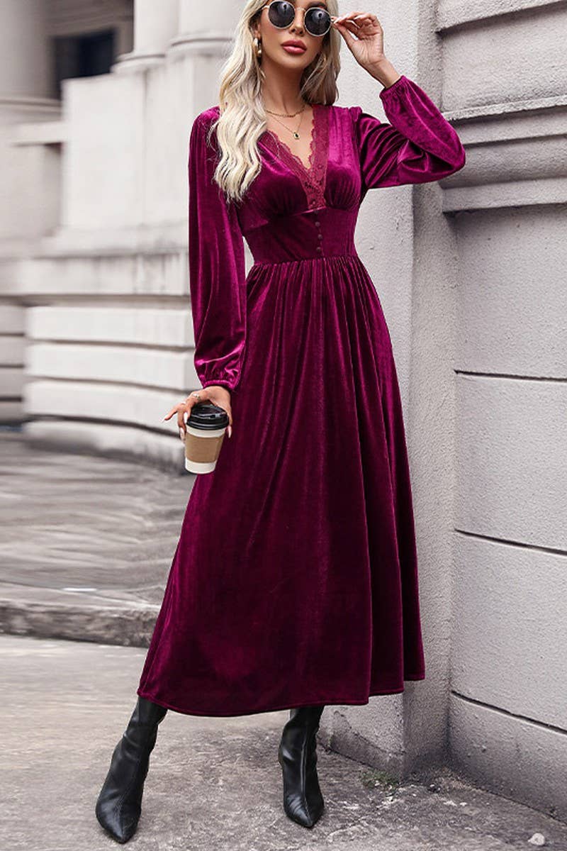 CWDMD3737_V-NECK SOLID COLOR GOLD VELVET LONG-SLEEVED DRESS