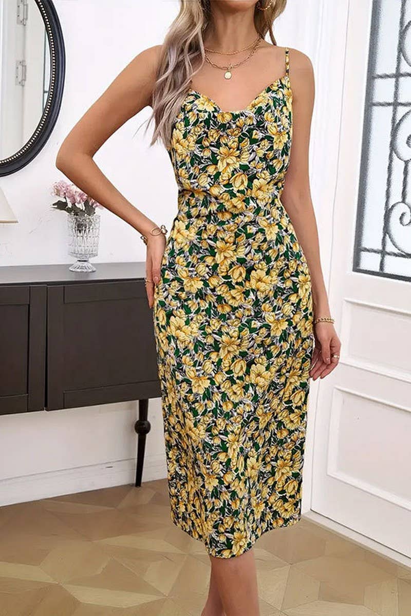 CWDHL0791_SUMMER ELEGANT DRAPE NECK SMALL FLORAL SLING DRESS