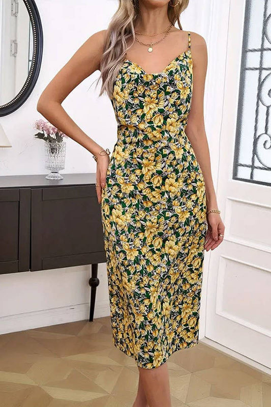 CWDHL0791_SUMMER ELEGANT DRAPE NECK SMALL FLORAL SLING DRESS
