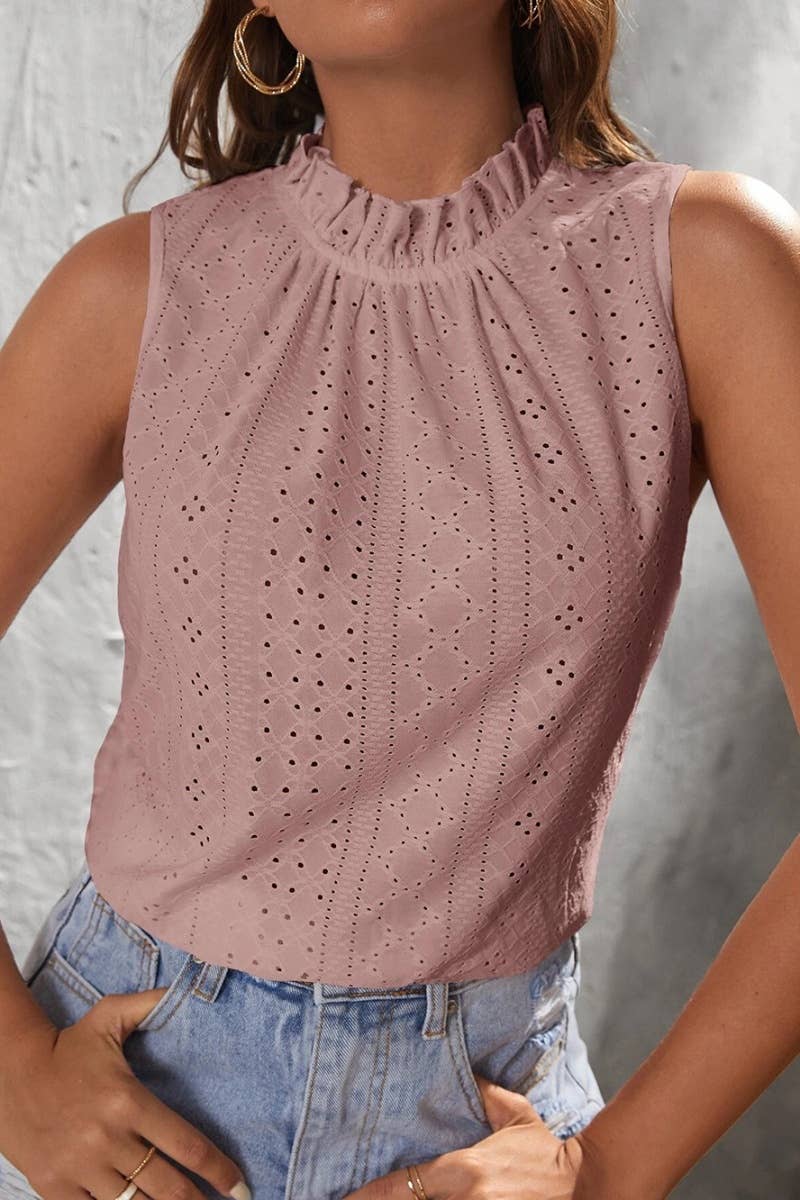 CWTBLSL0241_LOTUS COLLAR HOLLOWED OUT SLEEVELESS TOP