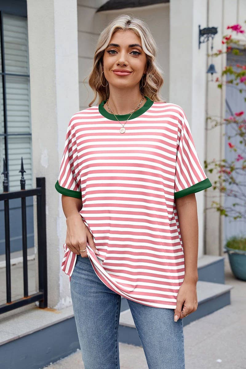 CWTTS1299_LOOSE STRIPED COLORBLOCK CREW NECK T-SHIRT TOP