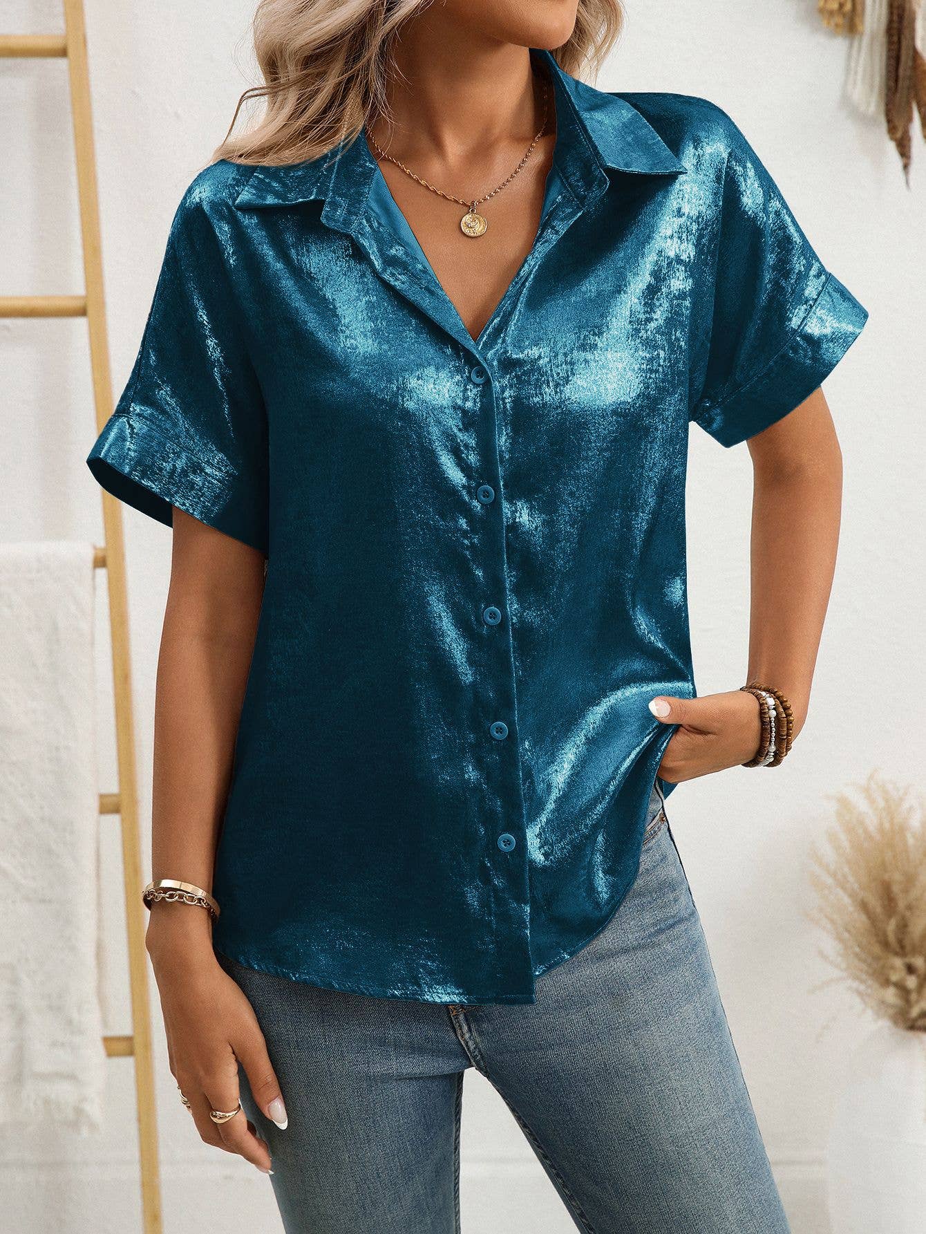 Casual loose short-sleeved lapel metallic shirt