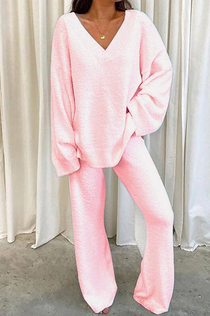 CWSTB00381_SOLID COLOR V-NECK CASUAL HOME WARM SUIT