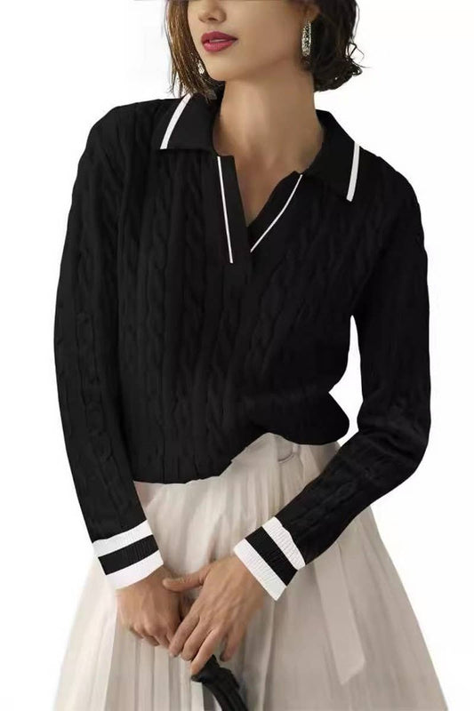 CWOSWL6382_SOLID COLOR LAPEL V-NECK CABLE KNIT PULLOVER