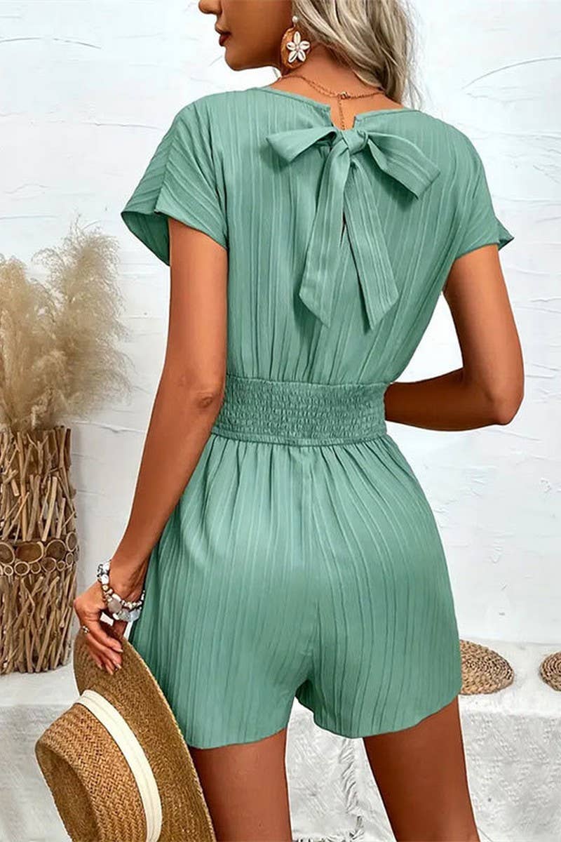 CWSJS1514_SOLID COLOR STRIPED CROSS-NECK BOW TIE JUMPSUIT