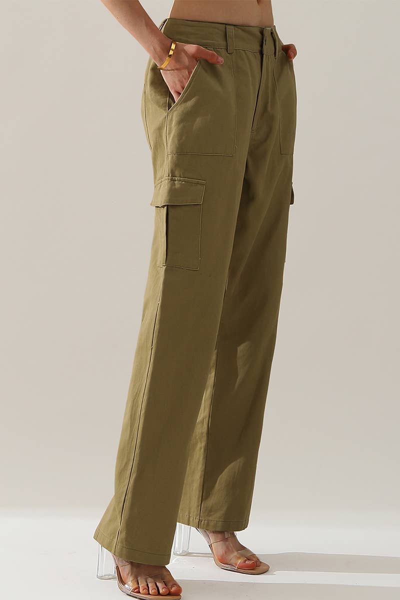 CWBLP421_Cargo Cotton Pants Wide Leg Casual Pants 4 Pockets