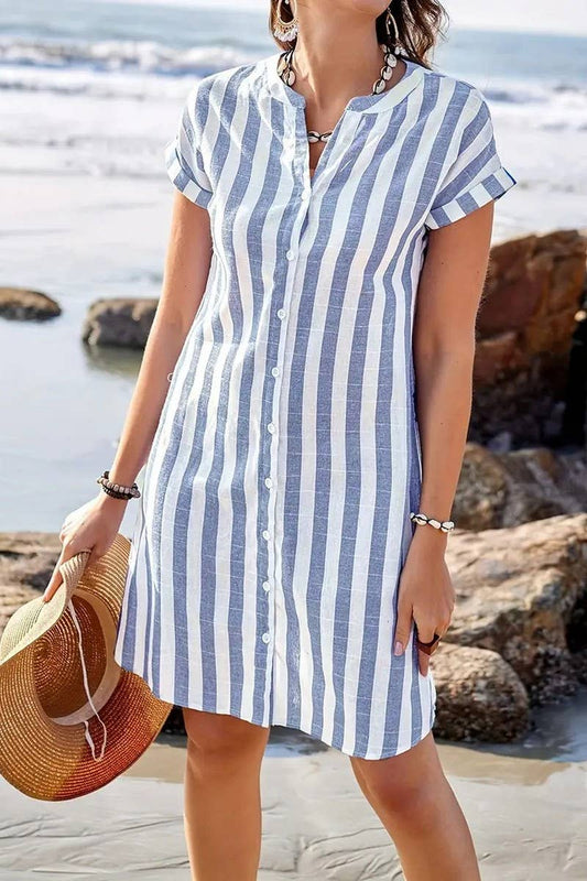 CWDMD5586_ELEGANT WOMEN'S STRIPED V NECK MIDI DRESS