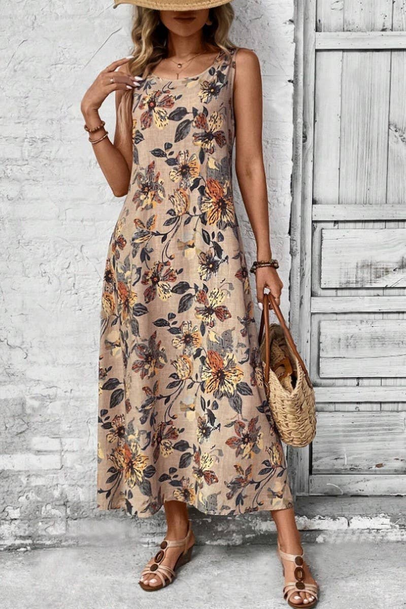 CWDMD5872_SLEEVELESS FLORAL PRINT ROUND NECK A-LINE DRESS