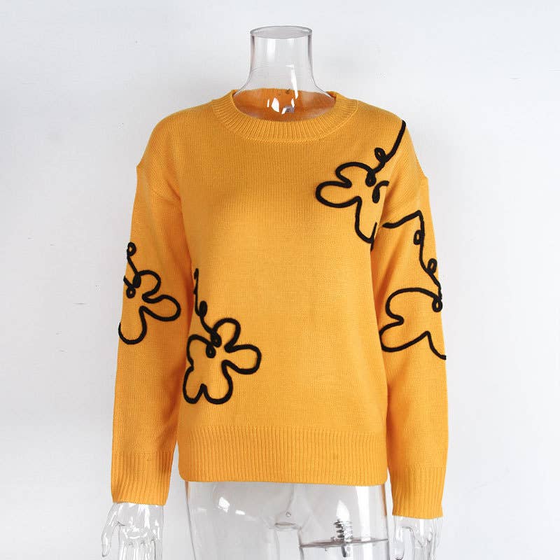Flower-patterned round-neck knitted sweater