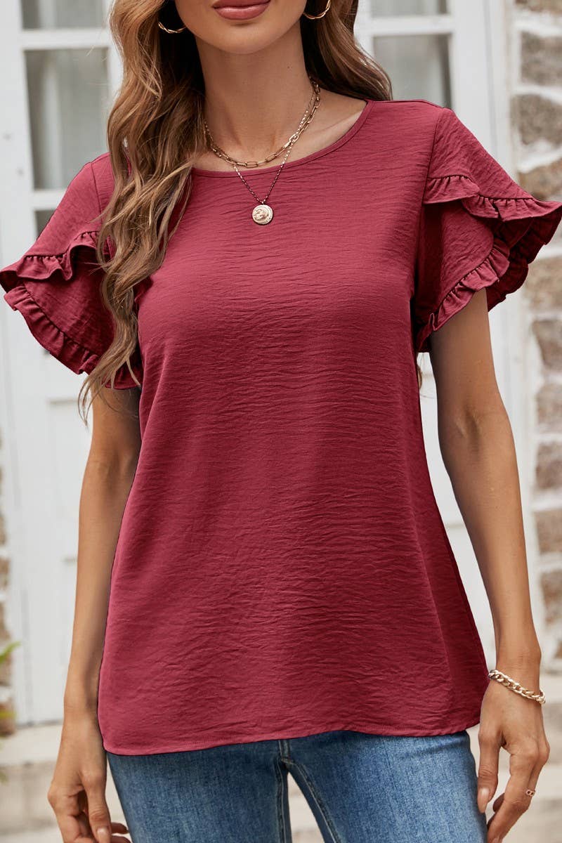 CWTBLS0352_Round neck Short Ruffle Sleeve Blouse