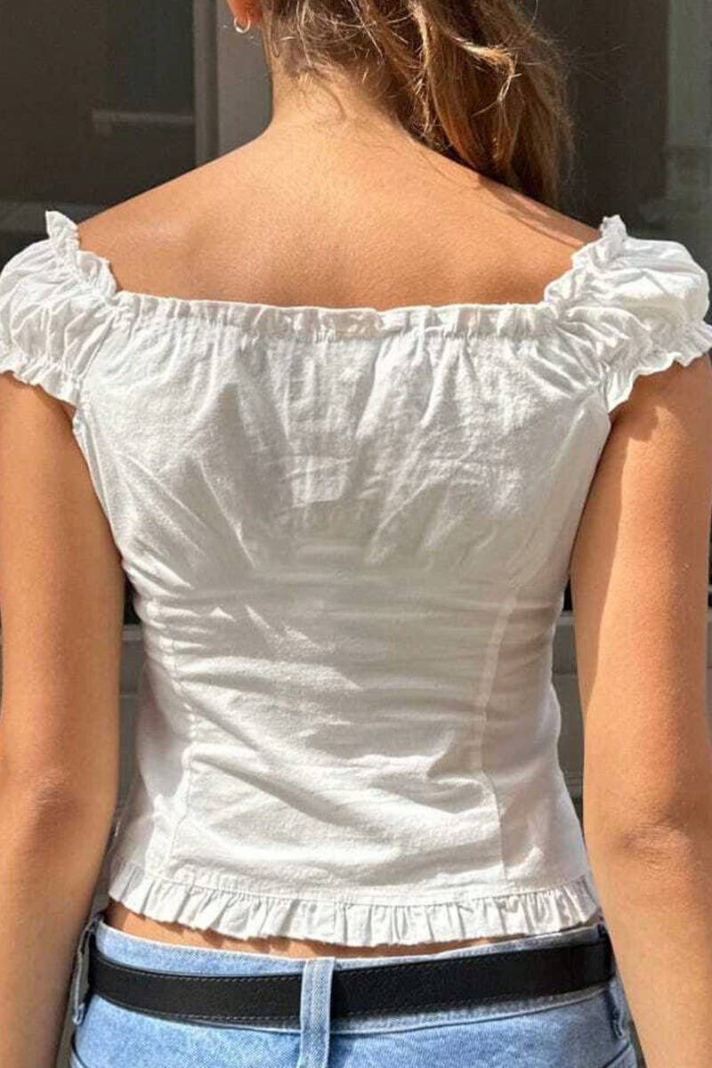 CWTBLSL0622_SOLID COLOR RUFFLED V-NECK T-SHIRT VEST TOP