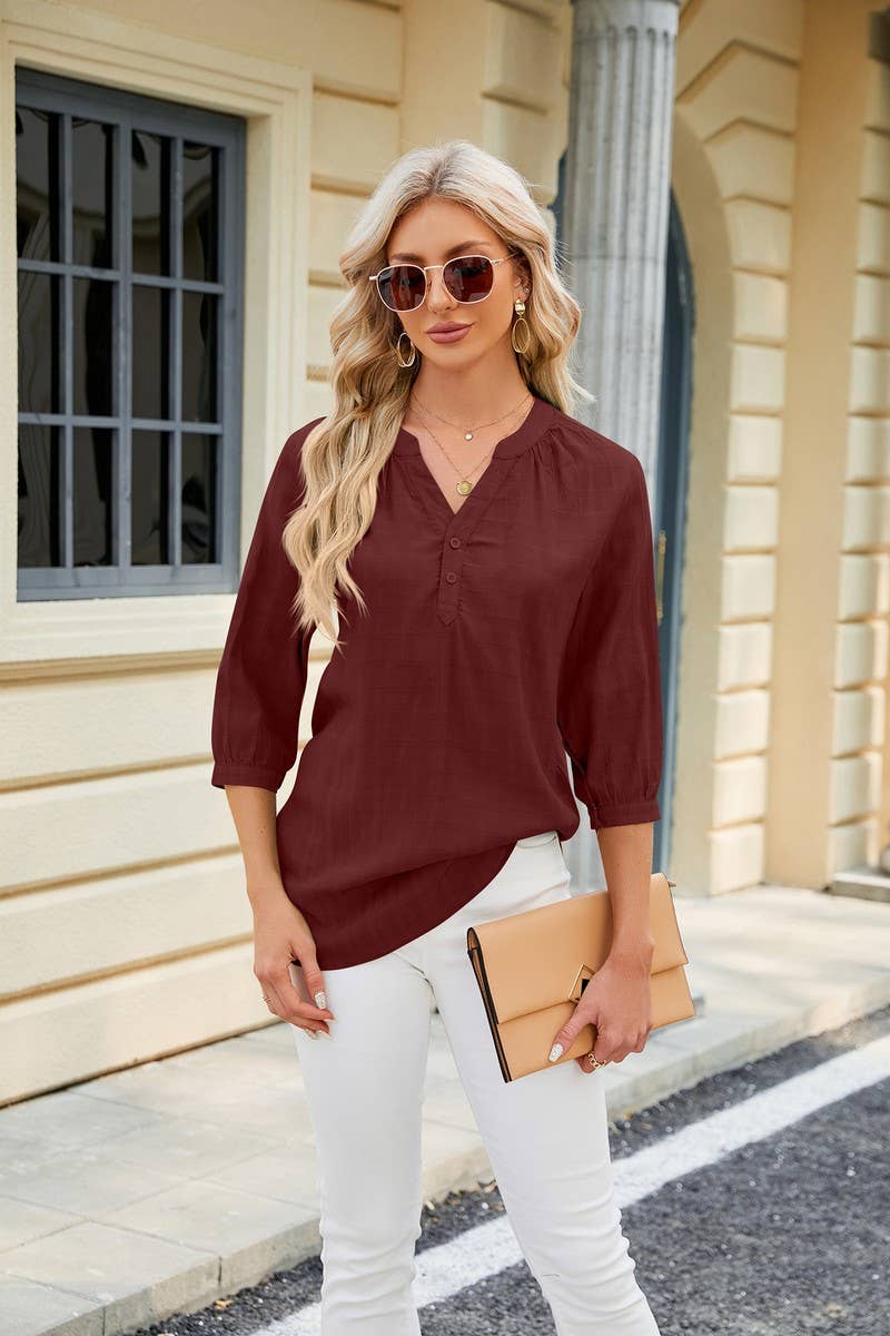 CWTTS0829_3/4 Sleeve V Neck Knit Top