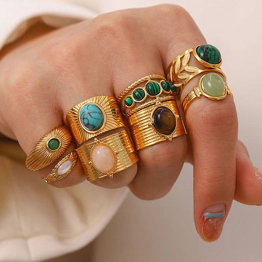 GOLD STAINLESS STEEL INLAID NATURAL STONE RINGS
