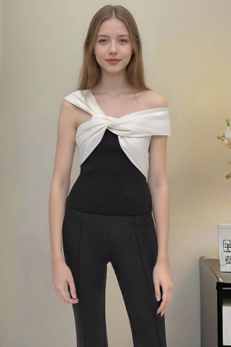 CWTBLSL0994_TWISTED OFF-SHOULDER SATIN RIBBON TWIST TOP