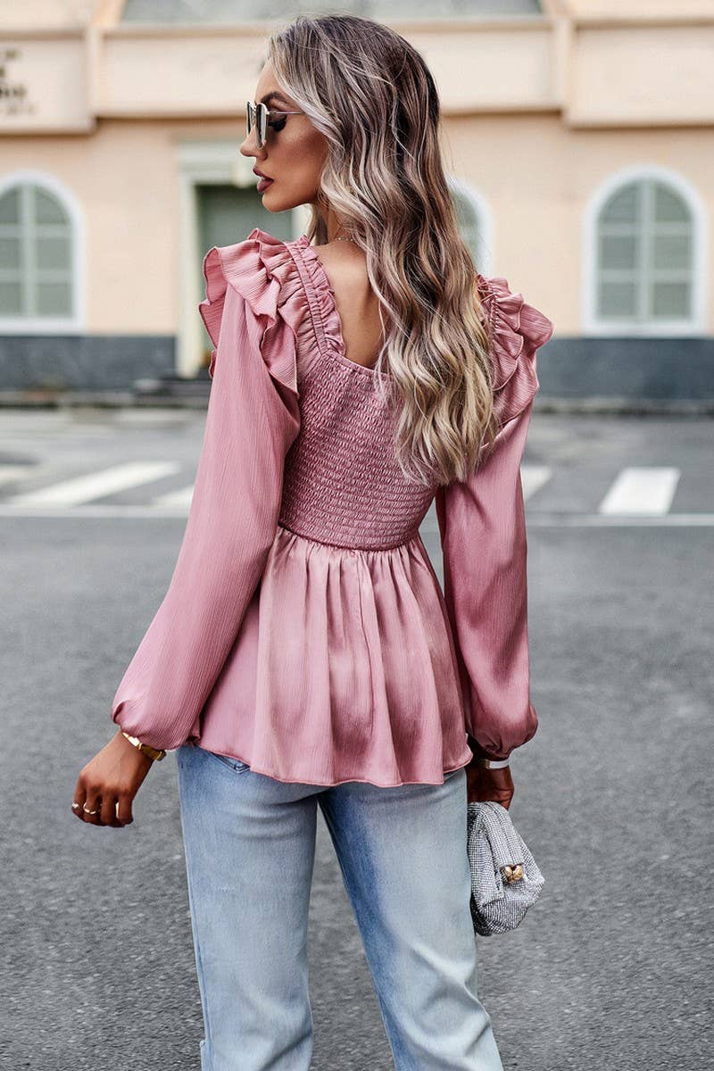 CWTBLL0397_Squre Neck Puff Sleeve Smocking Detailed Blouse