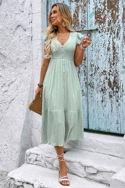 CWDMD5319_V-NECK TEXTURED LIGHT GREEN SPLIT HEM DRESS