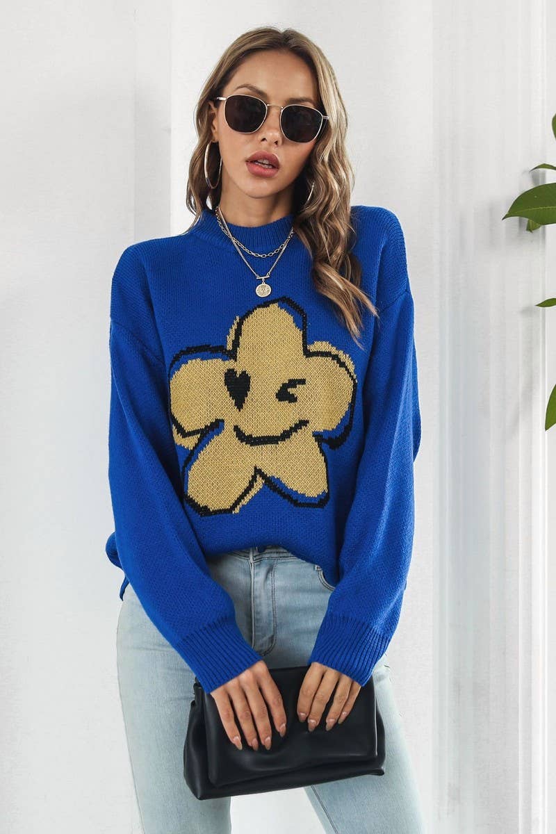 CWOSWL4070_FLOWER SMILEY FACE JACQUARD KNIT SWEATER