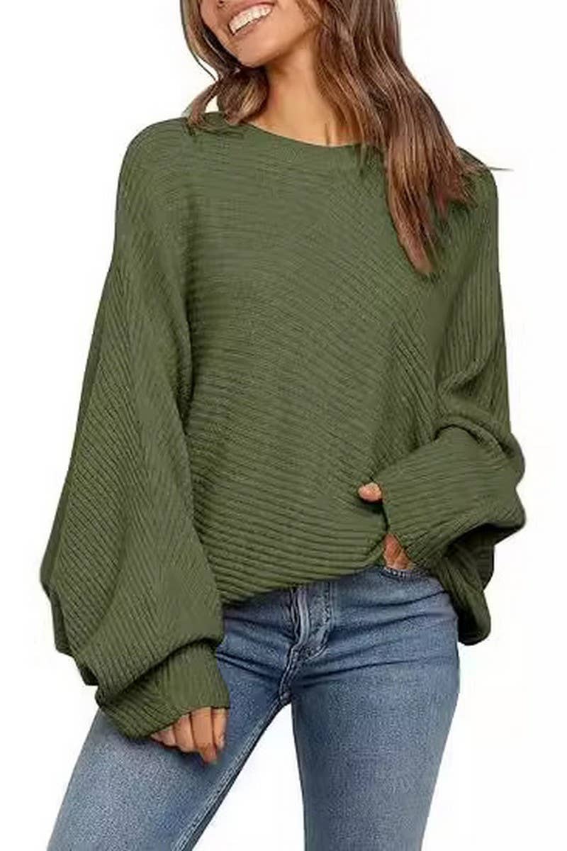 CWOSWL6384_ROUND NECK SOLID COLOR BAT LONG SLEEVE SWEATER