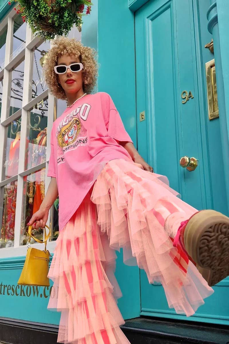 CWBLP2010_STRIPED TIERED MESH PATCHWORK WIDE LEG PANTS