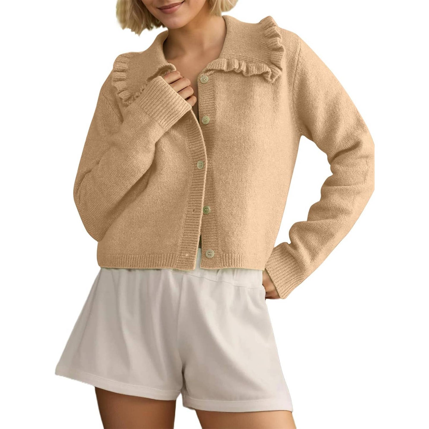 Doll collar solid color single breasted cardigan